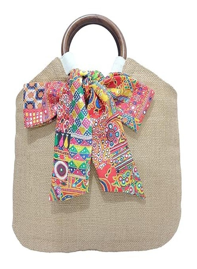 athizay handbags wooden handles Bags with Handcrafted Bow Detail hand carry artistic wristlets bags for women (Golden White Jute, Silky Creamy, Pink, Multi-Color) - Image 1